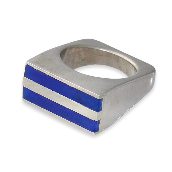 Vintage Blue Stripe Silver Ring Size 5.5 Modernist Chunky Rectangle Inlay Band - Picture 1 of 6